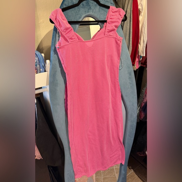 No Boundaries Hot Pink Ribbed Tie-Front Midi Dress - Picture 3 of 3